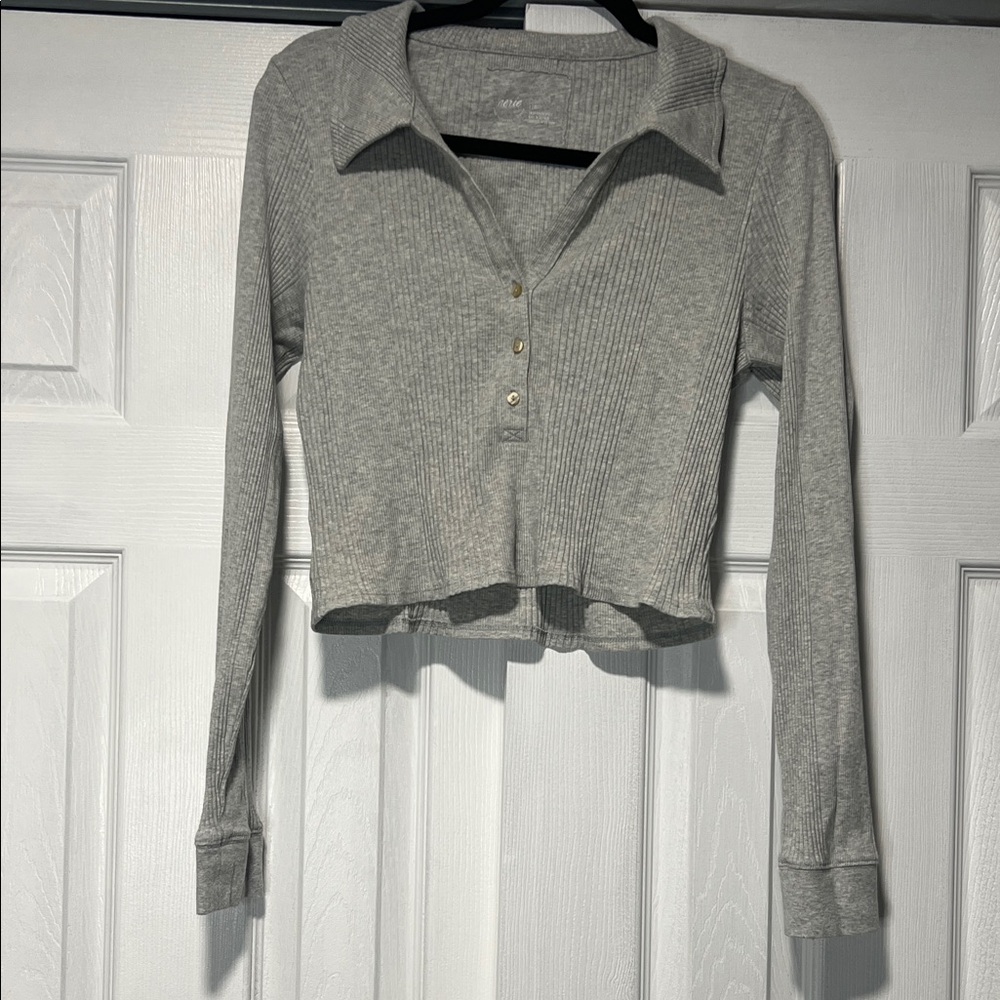 Aerie Gray Ribbed Long Sleeve Top